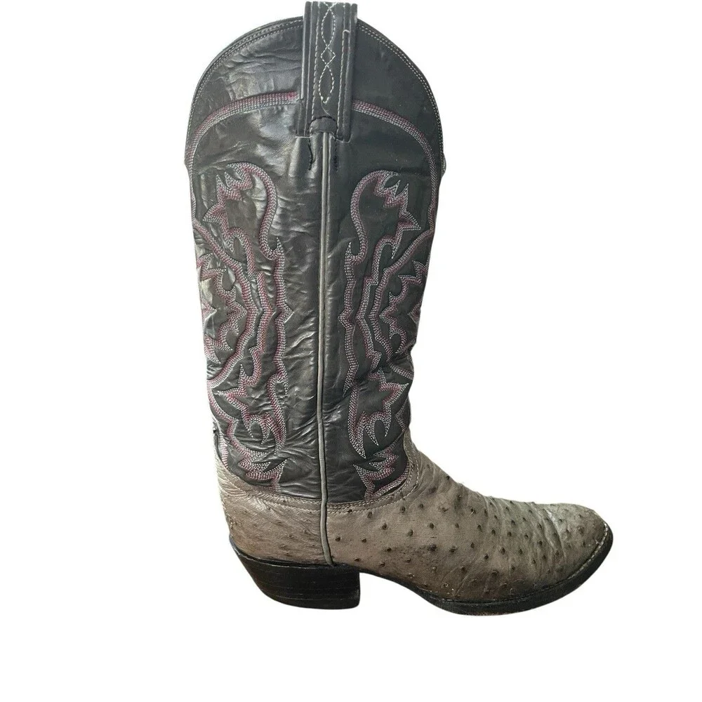 Vintage Tony Lama Mens Cowboy Boots Full Quill Ostrich 8610 Gray Size 7.5 E READ